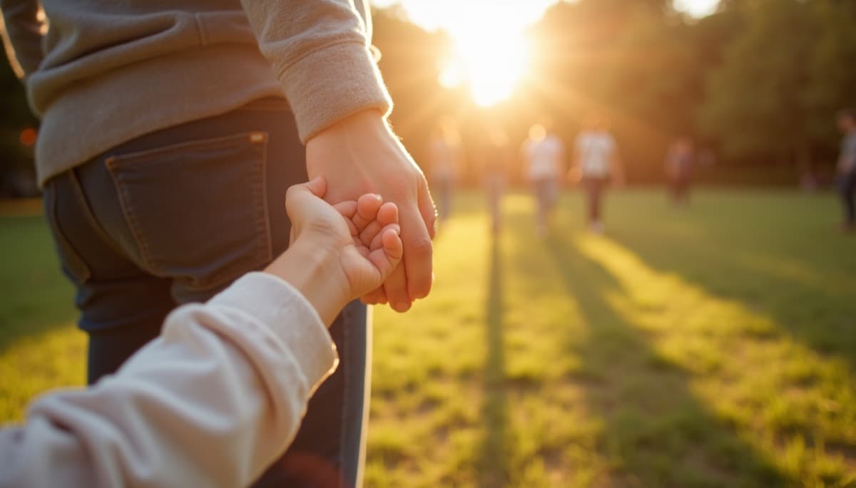 A parent and child holding hands in a park at sunset
